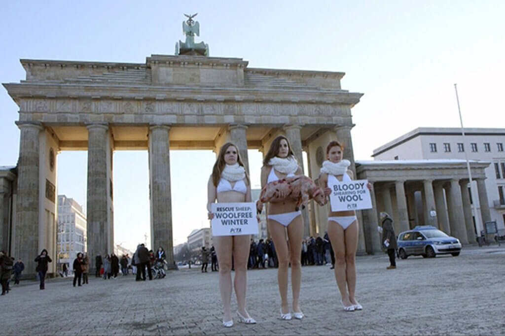 Frauen in Unterwäsche halten Schilder hoch vor dem Brandenburger Tor