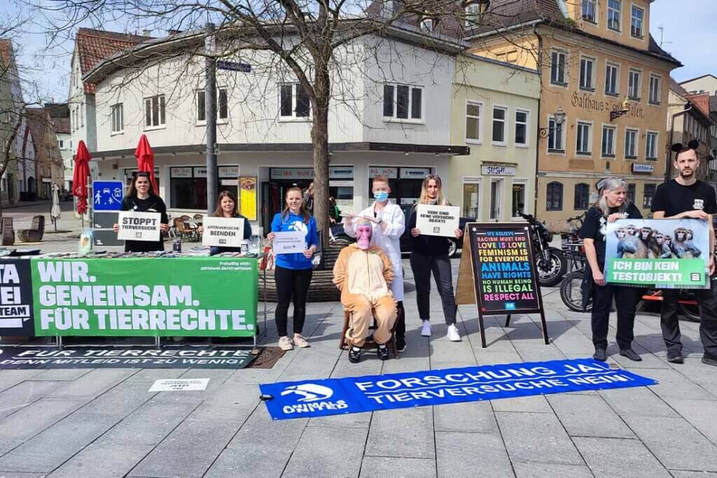 Demonstrierende gegen Tierversuche stehen mit Schildern und Bannern auf einer Strasse.