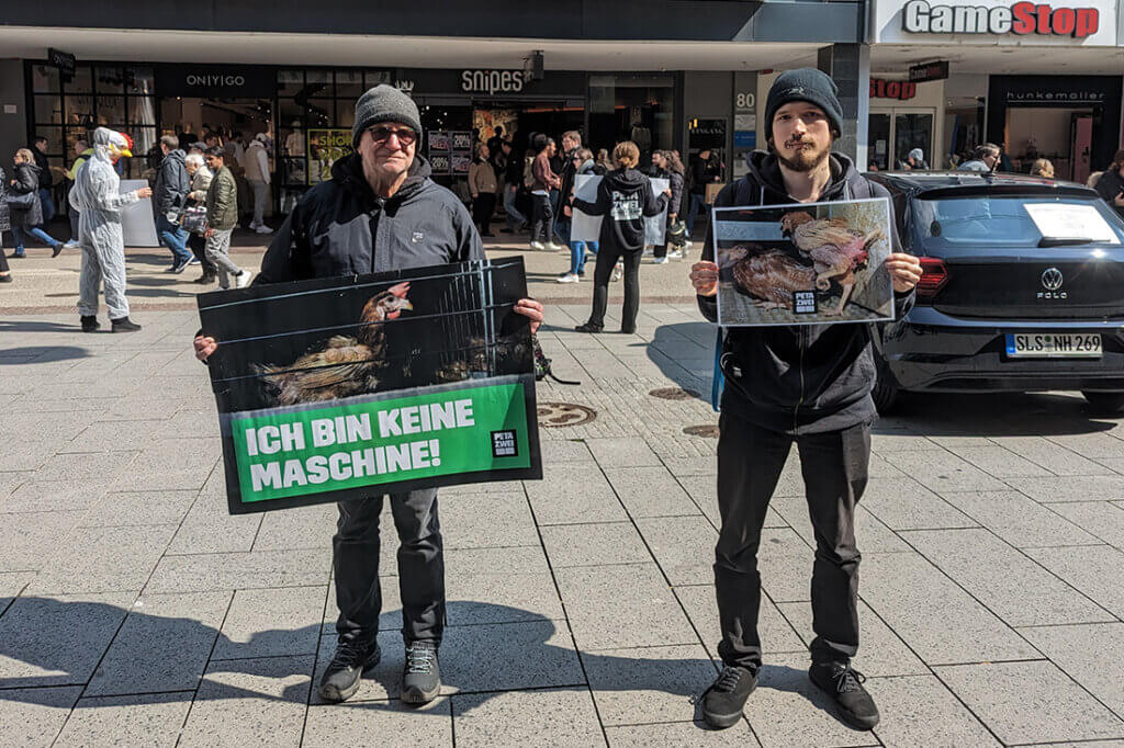 Aktivisten stehen mit Schildern auf der Strasse.