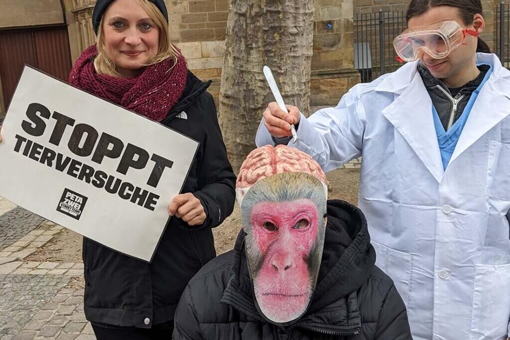 Demonstrierende mit Affenmaske und im Arztkittel gegen Tierversuche stehen mit Schildern und Bannern auf einer Strasse.