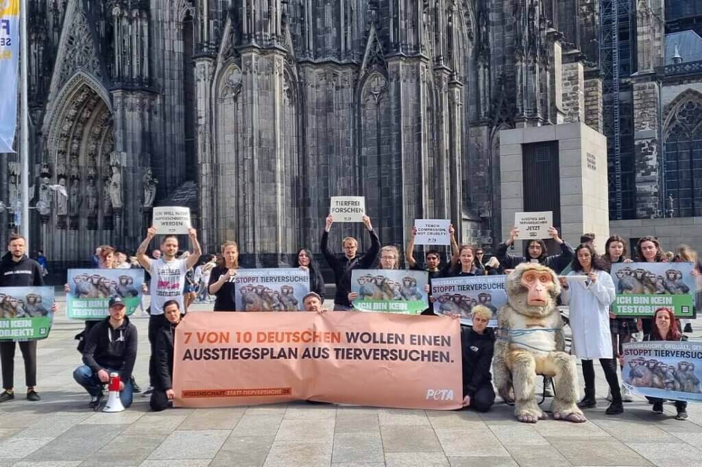 Demonstrierende gegen Tierversuche stehen mit Schildern und Bannern auf einer Strasse.