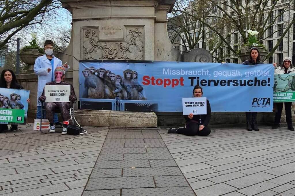 Demonstrierende gegen Tierversuche stehen mit Schildern und Bannern auf einer Strasse.