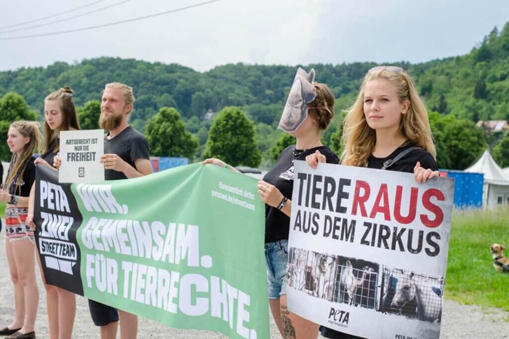 Menschen halten Schilder gegen den Zirkus 