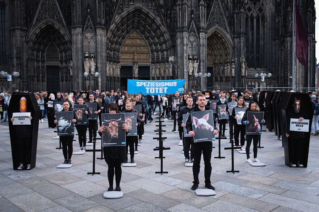 PETA Demo gegen Speziesismus vorm Koelner Dom. Personen mit Plakaten stehen in Reihen.