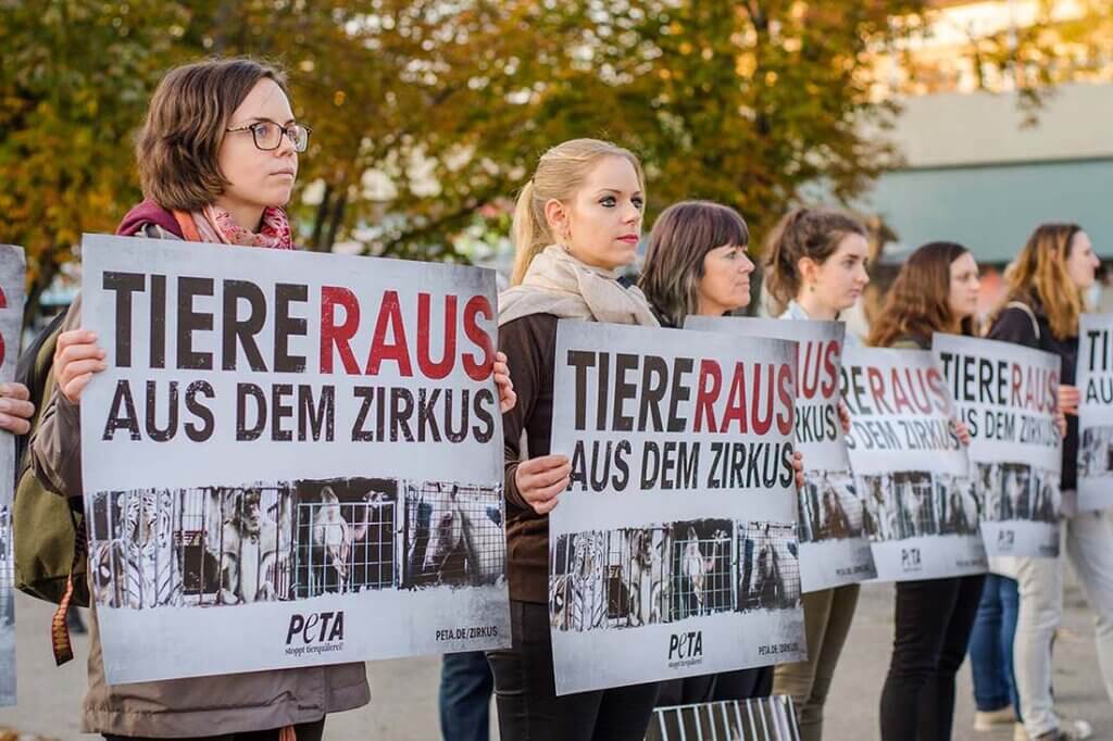 Menschen halten Demoplakate gegen den Zirkus hoch