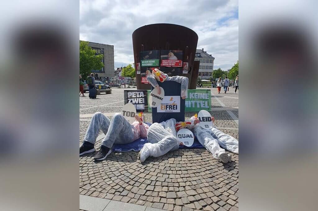 Menschen halten Plakate und liegen auf dem Boden während einer Demo