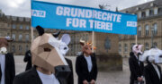 Demonstrierende mit Tiermasken.