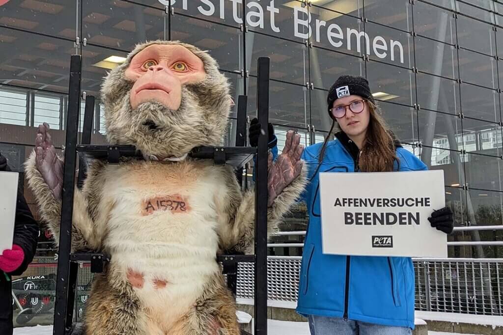 Demonstrantin mit einem Schild neben einem Affenkostuem.